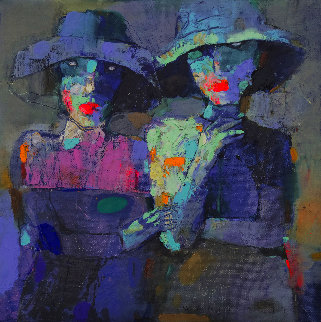 Two Girlfriends in Blue 2022 20x20 Original Painting - Victor Sheleg