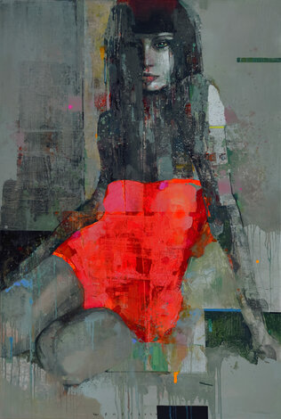 Green-Eyed Lady in Red 2024 47x32-  Oil on Canvas - Huge Original Painting - Victor Sheleg