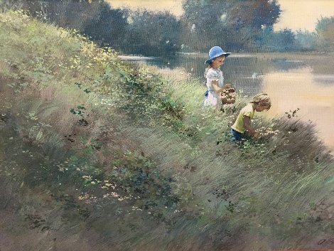 By the Lake 1980 32x44 Huge Original Painting - Adolf Sehring