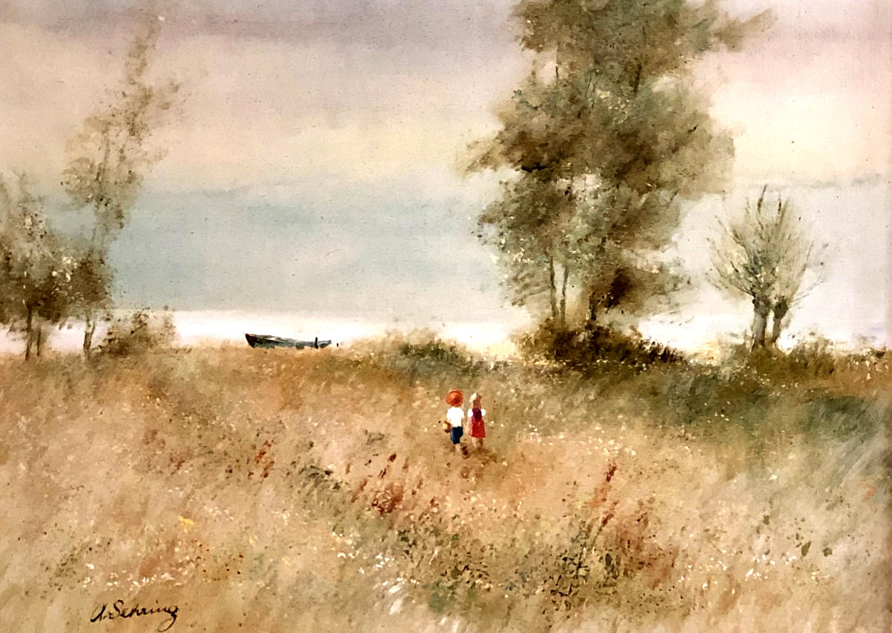 Two Children and Boat 1970 32x44 Original Painting by Adolf Sehring Two Children and Boat 1970 32x44 Original Painting by Adolf Sehring