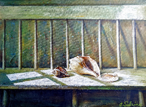 Seashells on Bench 1970 31x37 Original Painting - Adolf Sehring