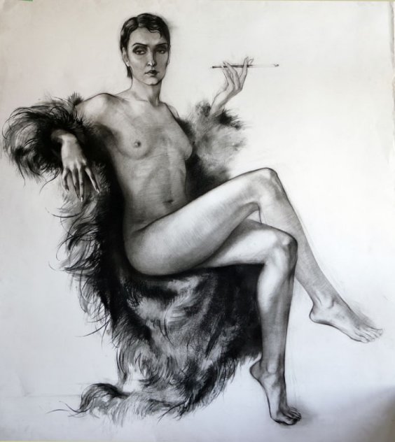 Nude in Fur Coat Drawing 44x39 - Huge Drawing by Alexander Sheversky
