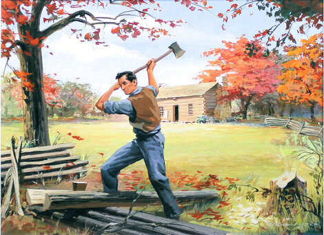President Lincoln Chopping Wood 1950 30x39 Original Painting - Charles Showalter