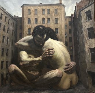 Couple in the Yard 1997 64x64 Original Painting - Vasily Shulzhenko Couple in the Yard 1997 64x64 Original Painting - Vasily Shulzhenko