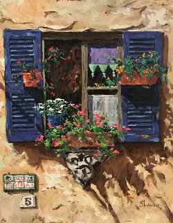 Blue Shutters 1999 27x23 Original Painting - Viktor Shvaiko Blue Shutters 1999 27x23 Original Painting - Viktor Shvaiko