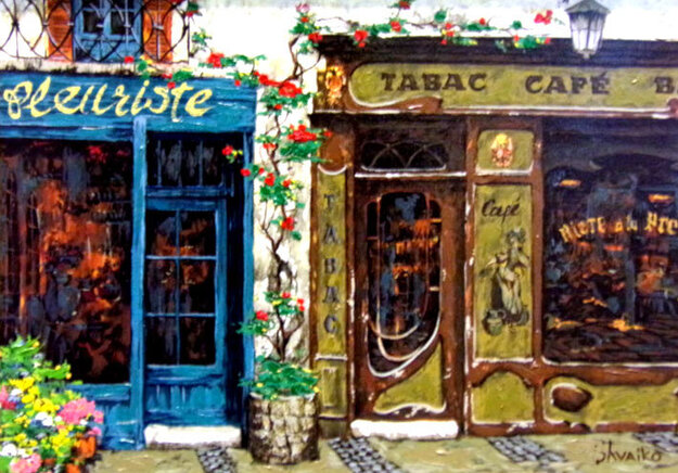 Cafe Tabac Embellished Street Scene by Viktor Shvaiko - For Sale