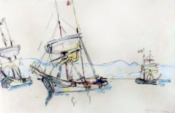 Three Boats Watercolor 1913 26x25 Watercolor - Paul Signac Three Boats Watercolor 1913 26x25 Watercolor - Paul Signac