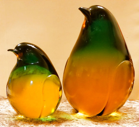 2 Pieces Penguins Art Glass Sculpture Unique 8 in Sculpture - Pino Signoretto