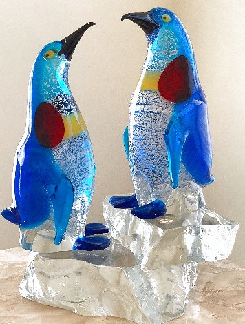 2 Penguins on Ice Unique Glass Sculptures 1980 14 in Sculpture - Pino Signoretto