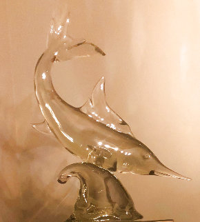 Swordfish on Wave Unique Glass Sculpture 1980 26 in  Sculpture - Pino Signoretto