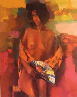 Girl With Fan 1964 43x36 Super Huge Original Painting - Nicola Simbari Girl With Fan 1964 43x36 Super Huge Original Painting - Nicola Simbari