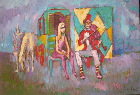 Clown With Violin 1975 27x39 Original Painting - Nicola Simbari