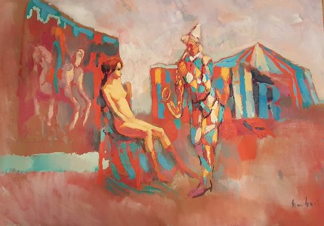Clown with Saxophone 1975 27x39 Original Painting - Nicola Simbari