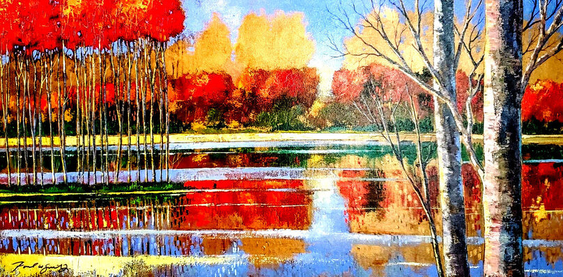 thumbnail image 2 of Ford Smith 'Just Between Us' Canvas Wall Art - 48x24 Red Trees Contemporary Print 2 of 6