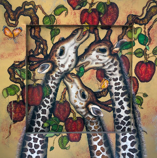 Gentle Giraffes 2008 44x44 Huge Original Painting - Luis Sottil