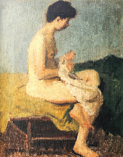 Nude Woman on Bed 1949 17x14 Original Painting - Raphael Soyer Nude Woman on Bed 1949 17x14 Original Painting - Raphael Soyer