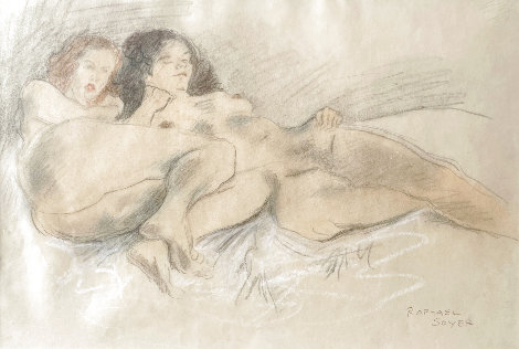 Two Nude Women Laying on a Bed 1975 24x36 Drawing - Raphael Soyer