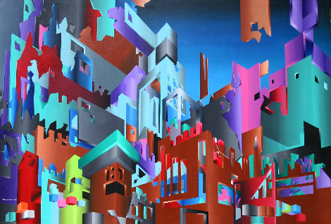 Aztec City (Crosstown Puzzle) 1984 48x72  Huge Original Painting - Stan Solomon