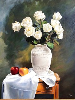 Cream Pot And White Roses 40x30 Original Painting - Thomas Stiltz Cream Pot And White Roses 40x30 Original Painting - Thomas Stiltz