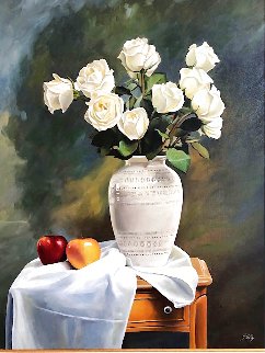 Cream Pot And White Roses 40x30 Huge Original Painting - Thomas Stiltz