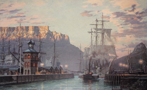 Cape Town, The Bark William Hales Towing Out Past the Clock Tower At Dawn in 1886 Limited Edition Print - John Stobart