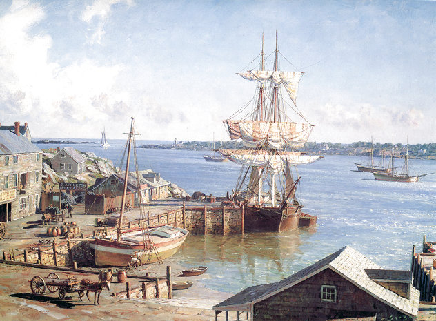 Marblehead Appleton's Wharf in 1850, 1987 - Massachusets Limited Edition Print by John Stobart