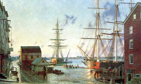 Portsmouth, Merchant Row Overlooks New Hampshire Piscataway River in 1828 1956 - Huge Limited Edition Print - John Stobart