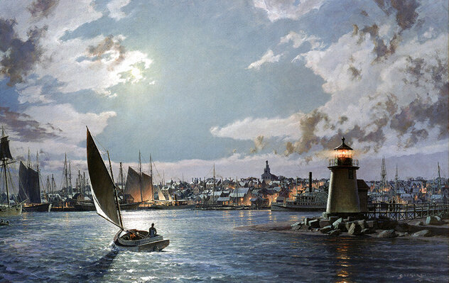 Nantucket: The Island Port by Moonlight at the Turn of the Century - Huge - Massachusetts Limited Edition Print by John Stobart Nantucket: The Island Port by Moonlight at the Turn of the Century - Huge - Massachusetts Limited Edition Print by John Stobart