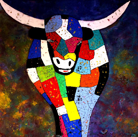 Bull 2020 37x37 Original Painting - Eduardo Suarez Uribe-Holguin