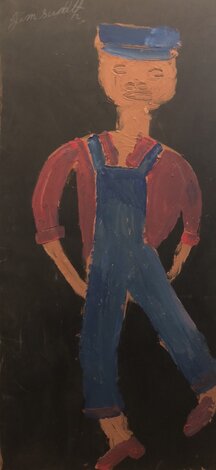 Man in Overalls Unique 1990 48x24 - Huge Original Painting - Jimmy Lee Sudduth