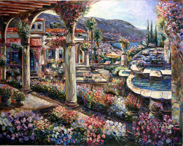 Spanish Hacienda 48x60 Original Painting - Vadik Suljakov