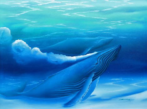 Untitled Blue Whales 1988 41x53 - Huge Original Painting - George Sumner
