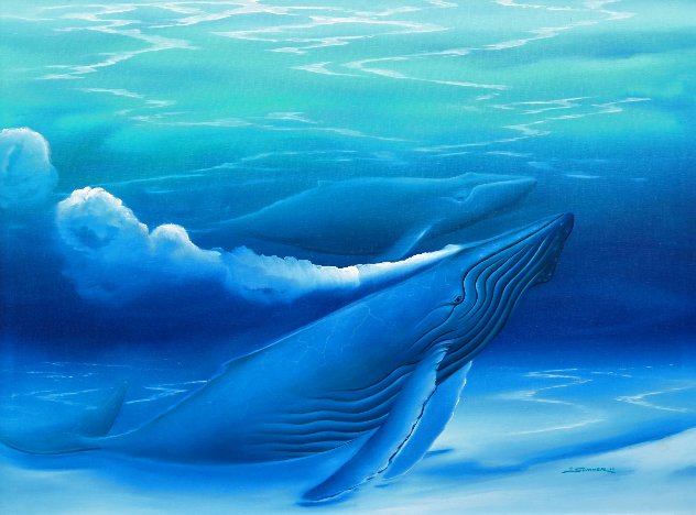 Untitled Blue Whales 1988 41x53 - Huge Original Painting by George Sumner