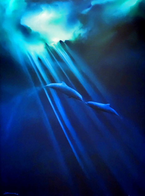 Untitled - Kissing Dolphins  48x36 1982 Huge Original Painting by George Sumner