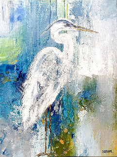 White Egret Abstract 40x30 Original Painting - Janet Swahn