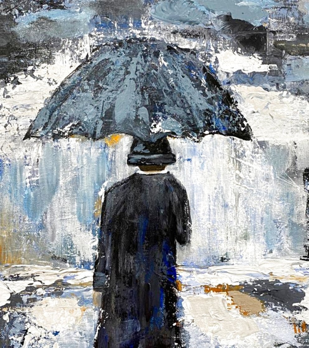 Umbrella Man in Blue 2020 20x16  Original Painting by Janet Swahn