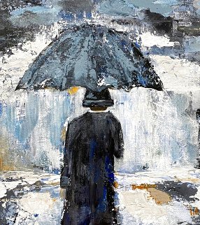 Umbrella Man in Blue 2020 20x16  Original Painting - Janet Swahn