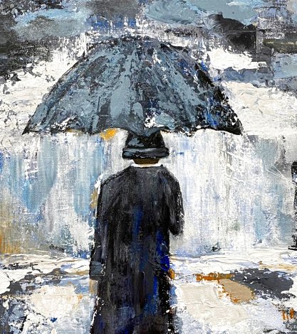 Umbrella Man in Blue 2020 20x16 Original Painting - Janet Swahn