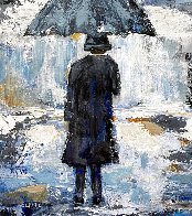Umbrella Man in Blue 2020 20x16  Original Painting by Janet Swahn - 2