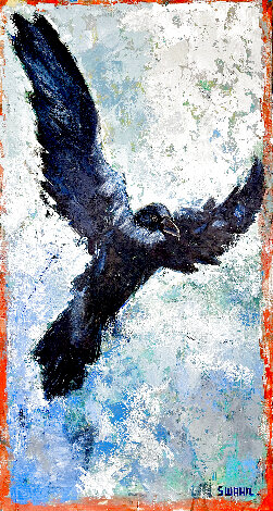 Raven in Flight 2024 58x31 Original Painting - Janet Swahn