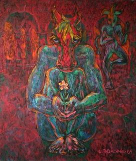 Blue Dancer with Horse Head 1989 42x36 Huge Original Painting - Edward Tabachnik Blue Dancer with Horse Head 1989 42x36 Huge Original Painting - Edward Tabachnik