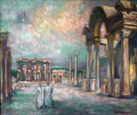 Night Lights in Ephesus 1996 32x38 Original Painting - Edward Tabachnik