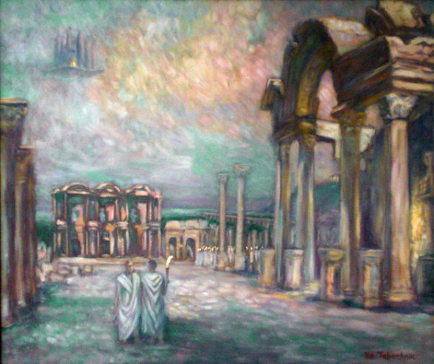 Night Lights in Ephesus 1996 32x38 Original Painting by Edward Tabachnik