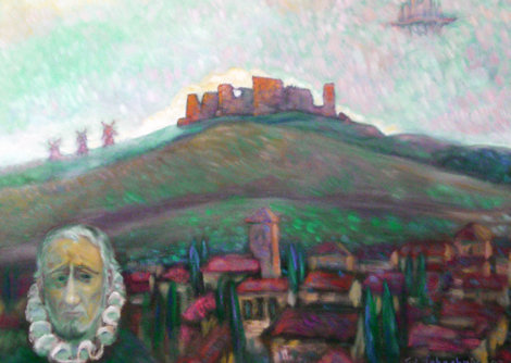 Ghastly Castle, Don Quixote Country with Self-portrait 1997 28x32 Original Painting - Edward Tabachnik