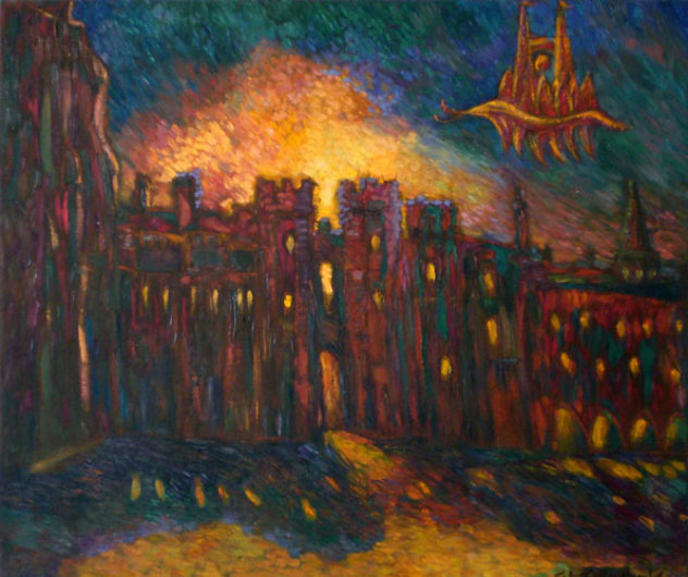 Windsor Palace in Flames 1994 28x12 Original Painting by Edward Tabachnik