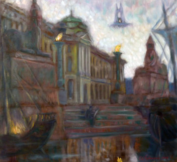 White Nights in St. Peterburg,  Sphinxes At Academy of Arts 1999 32x30 Original Painting - Edward Tabachnik