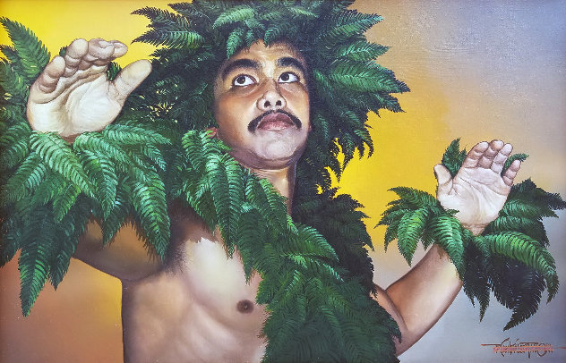 Hula Kahiko 1985 30x43 Huge - Hawaii - Koa Frame by Roy Tabora