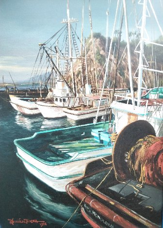 Untitled Harbor Scene 1982 14x10 Original Painting - Roy Tabora