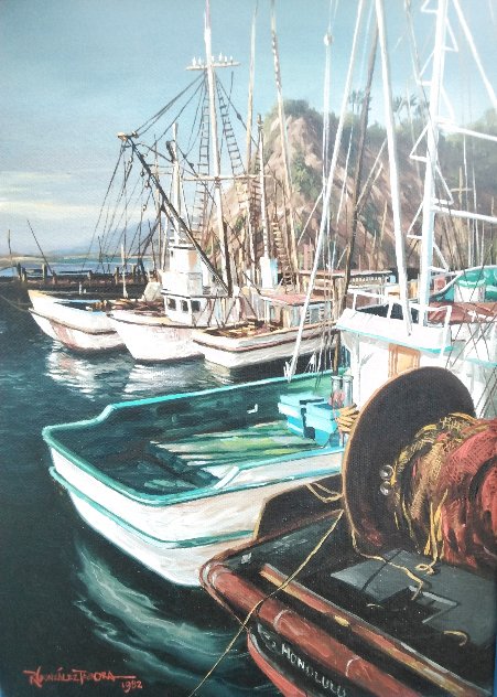 Untitled Harbor Scene 1982 14x10 Original Painting by Roy Tabora