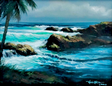 Untitled Seascape 1982 16x20 Original Painting - Roy Tabora